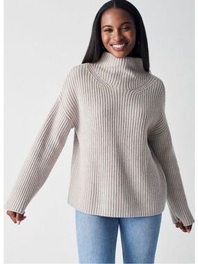 Faherty Bedford Sweater Merino Cotton Gray Ribbed Knit Funnel Neck Turtleneck M